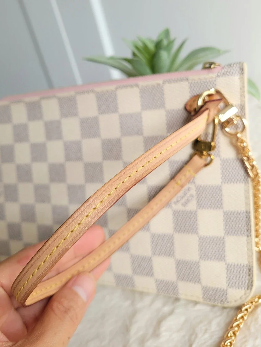 Louis Vuitton Neverfull Mm Clutch Wristlet Damier Azur Rose Ballerine